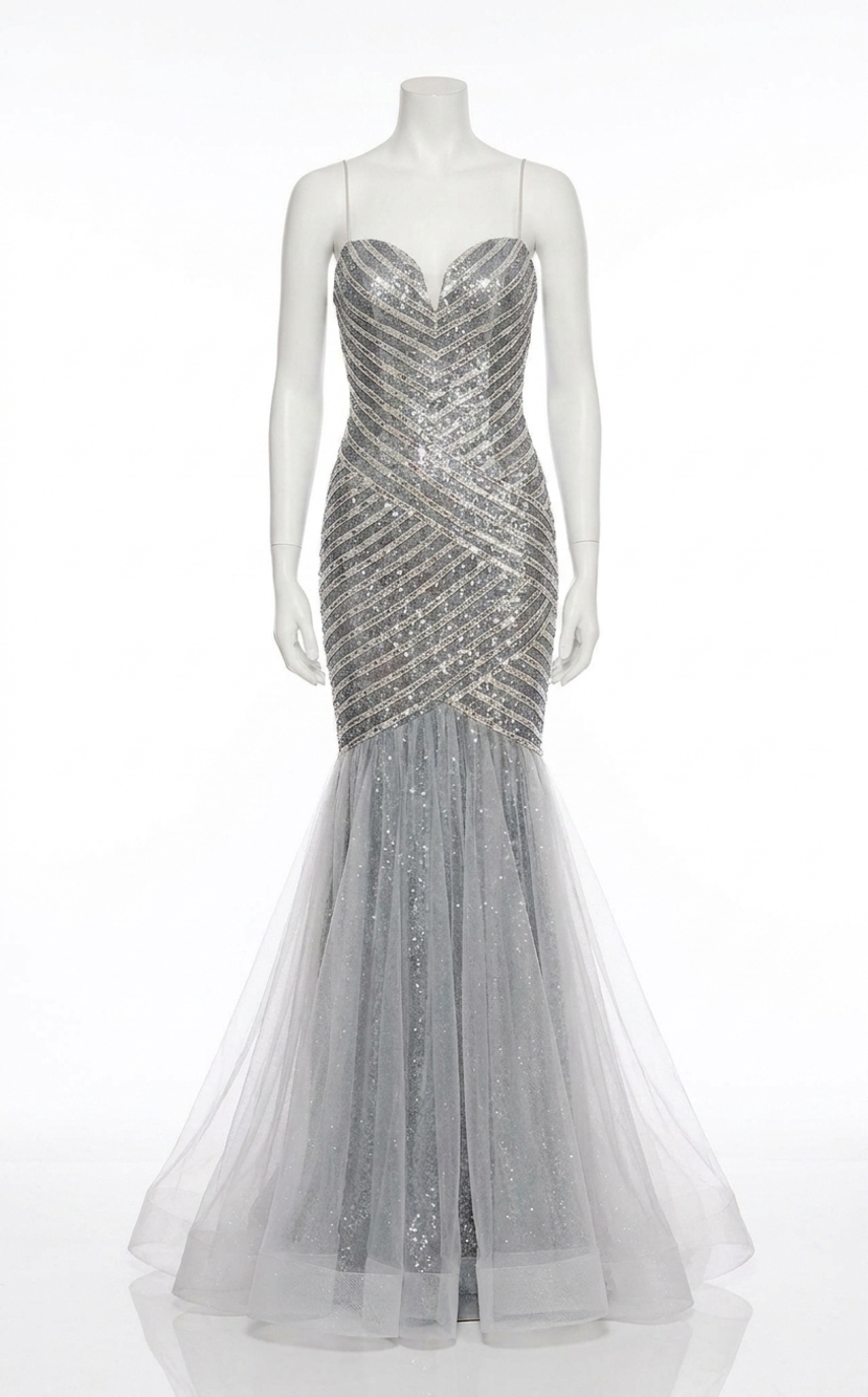NEW RACHEL ALLAN long formal mermaid dress in platinum